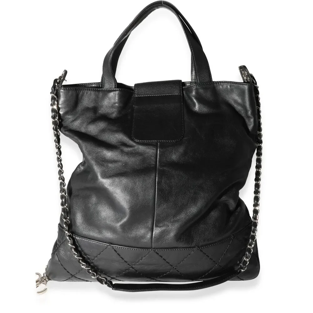 Chanel Black Diamond Stitched Leather Expandable Zip Tote